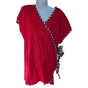 Dotti Red Wrap Terrycloth Cover-Up W/ Black & White Trim Medium Lightweight & St